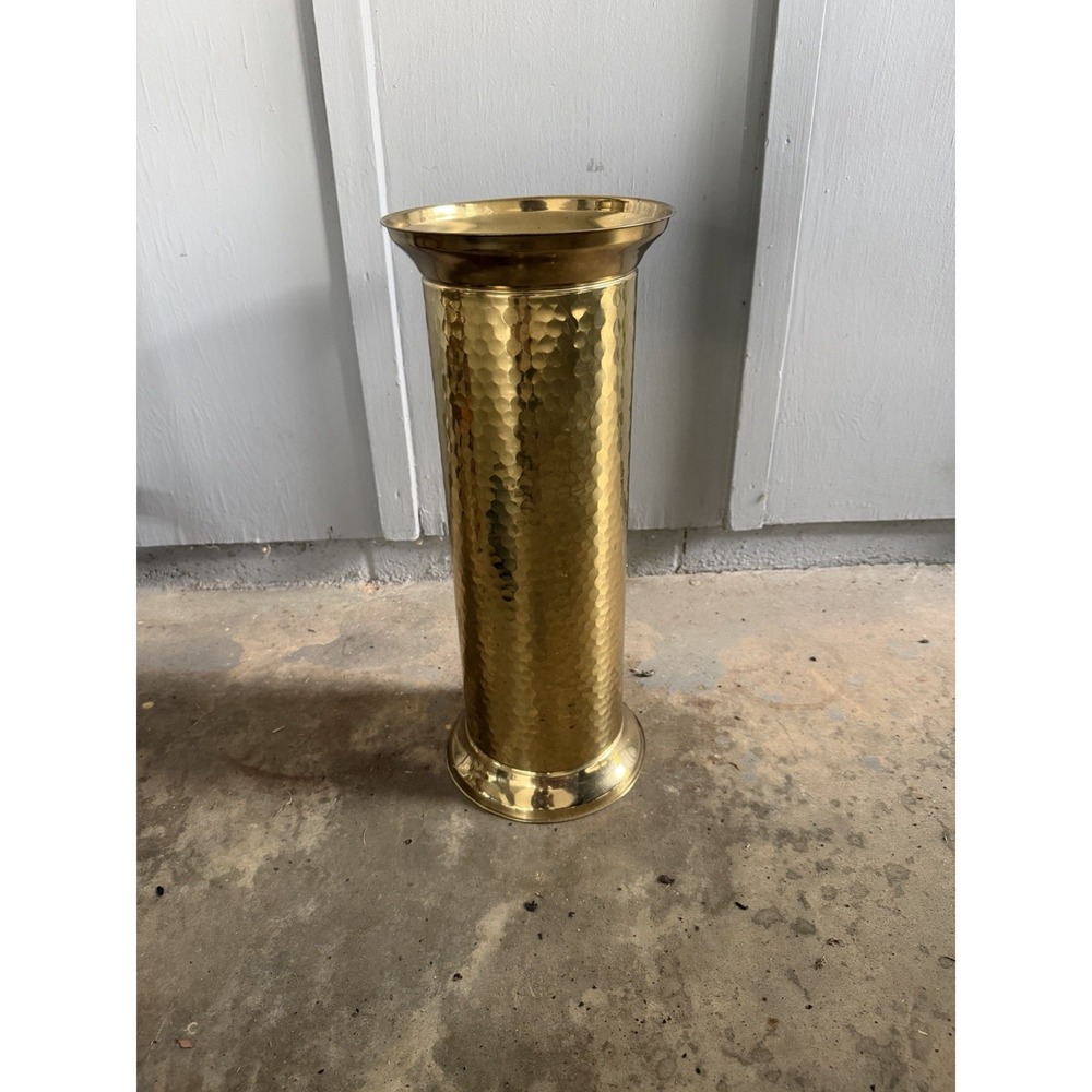 Antique Hammered Brass Umbrella Stand Holder Hollywood Regency Entryway Decor